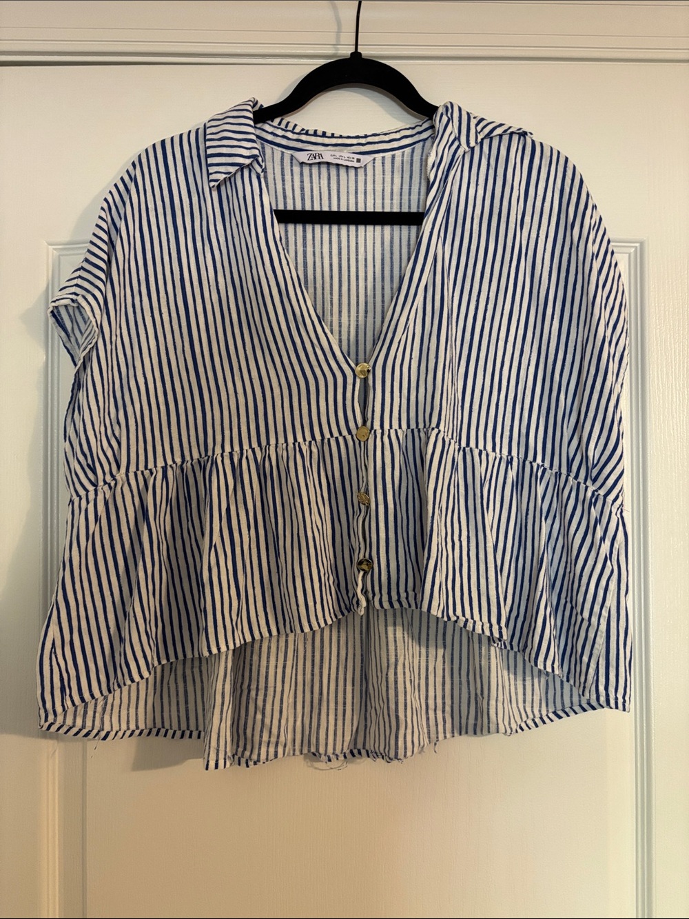 Zara White and Blue Striped Button-Front Peplum Blouse